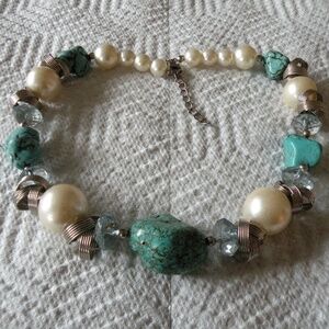Vintage Chunky Turquoise Nuggets, Large Faux Pearls, Silver Loopy Rings Necklace